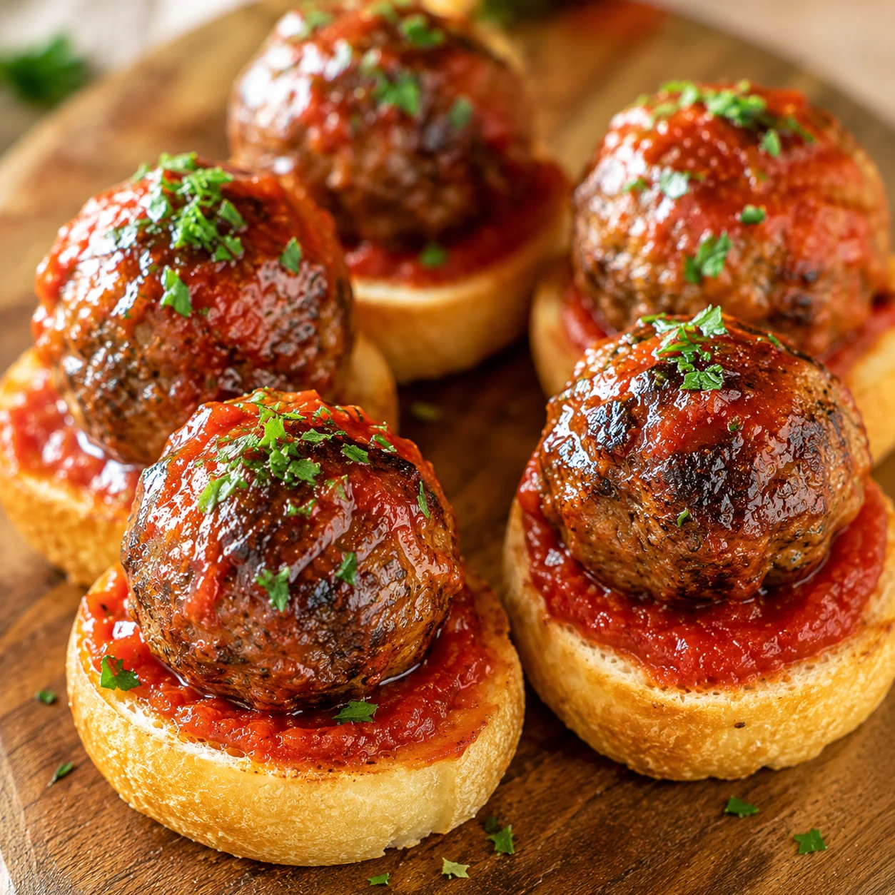 Albóndigas jugosas sobre pan tostado con salsa