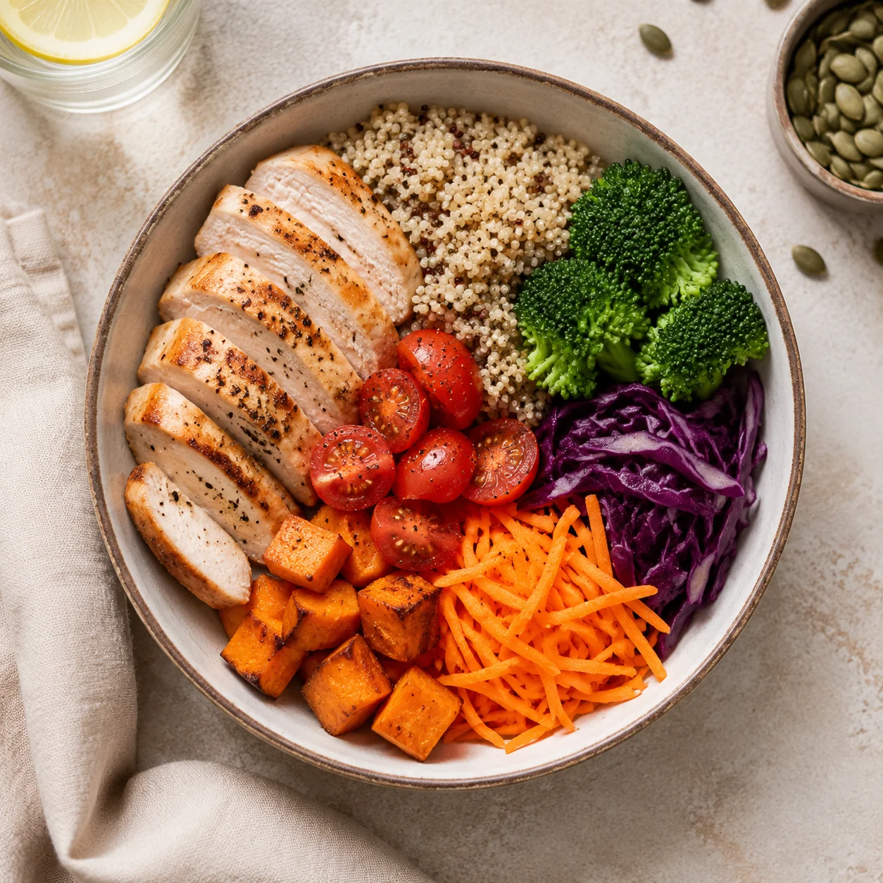 Bowl de proteína con vegetales tipo meal prep