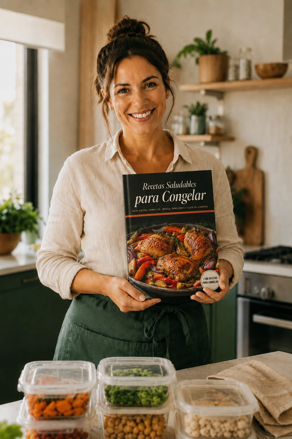 Presentadora del sistema de recetas para congelar, sosteniendo el libro Recetas Saludables para Congelar en su cocina