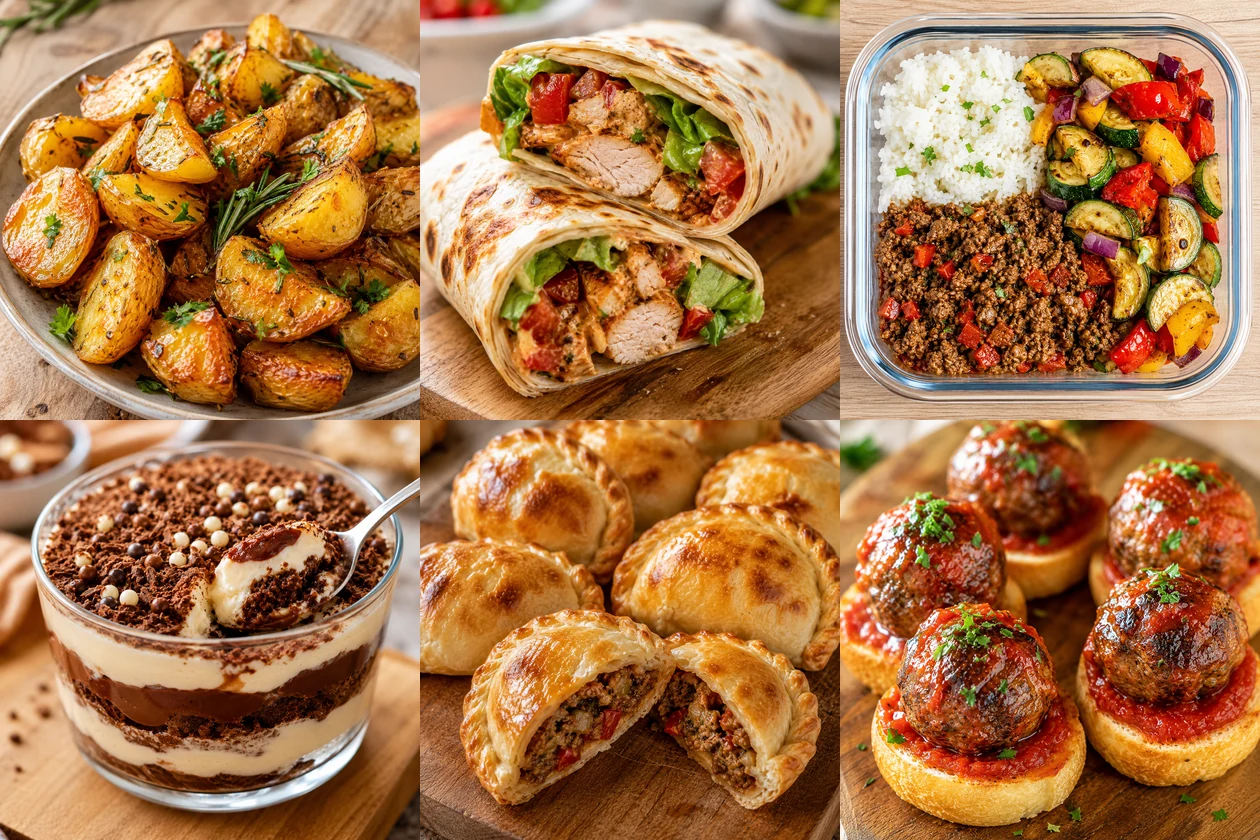 Collage de platos caseros saludables listos para congelar: postres, meal prep, wraps, papas doradas y empanadas