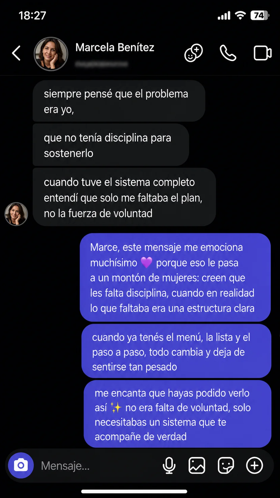 Conversación de Instagram: clienta cuenta que no le faltaba disciplina, le faltaba el sistema