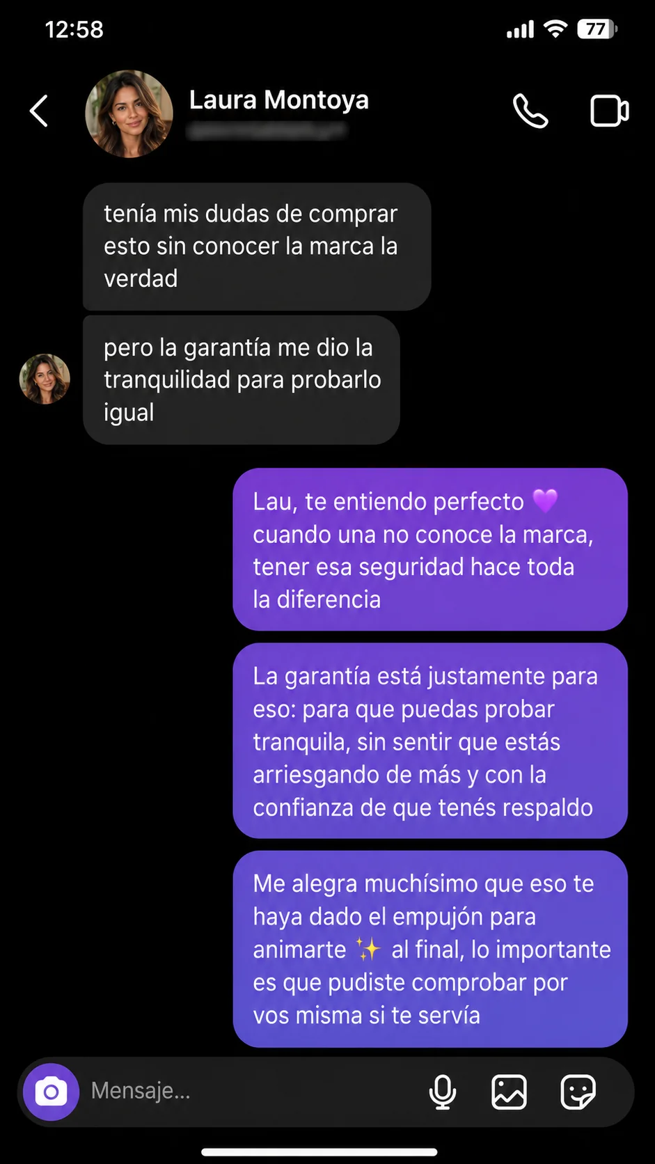 Conversación de Instagram: clienta cuenta que la garantía le dio la confianza para comprar sin conocer la marca