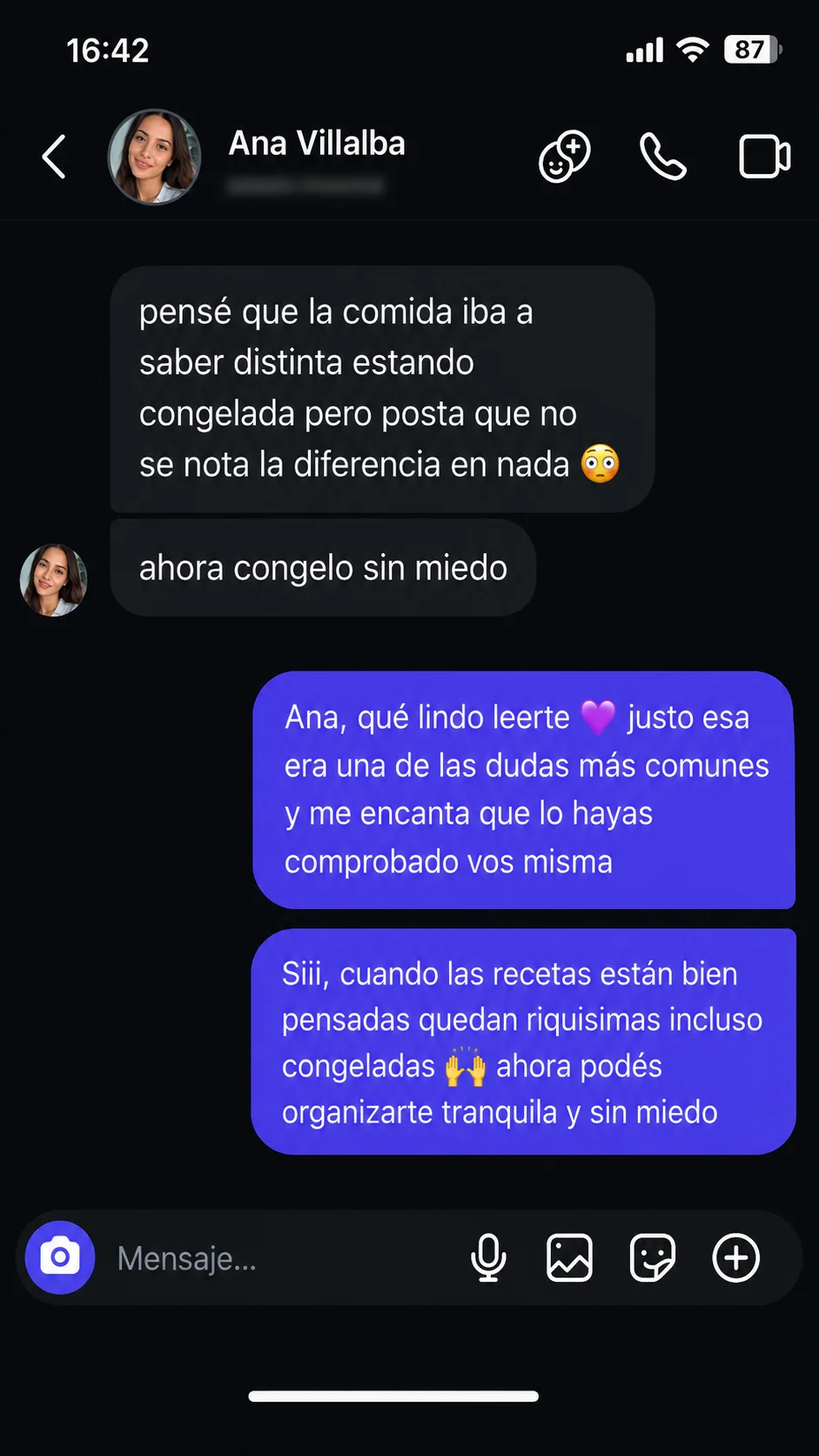 Conversación de Instagram: clienta cuenta que no se nota la diferencia de sabor en la comida congelada