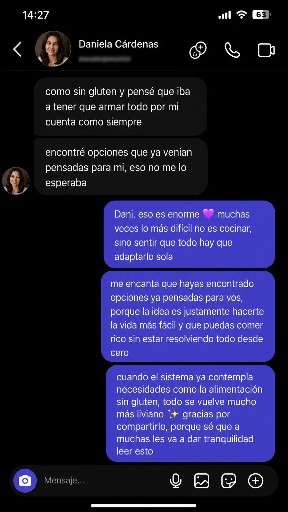 Conversación de Instagram: clienta cuenta que encontró opciones sin gluten ya pensadas para ella